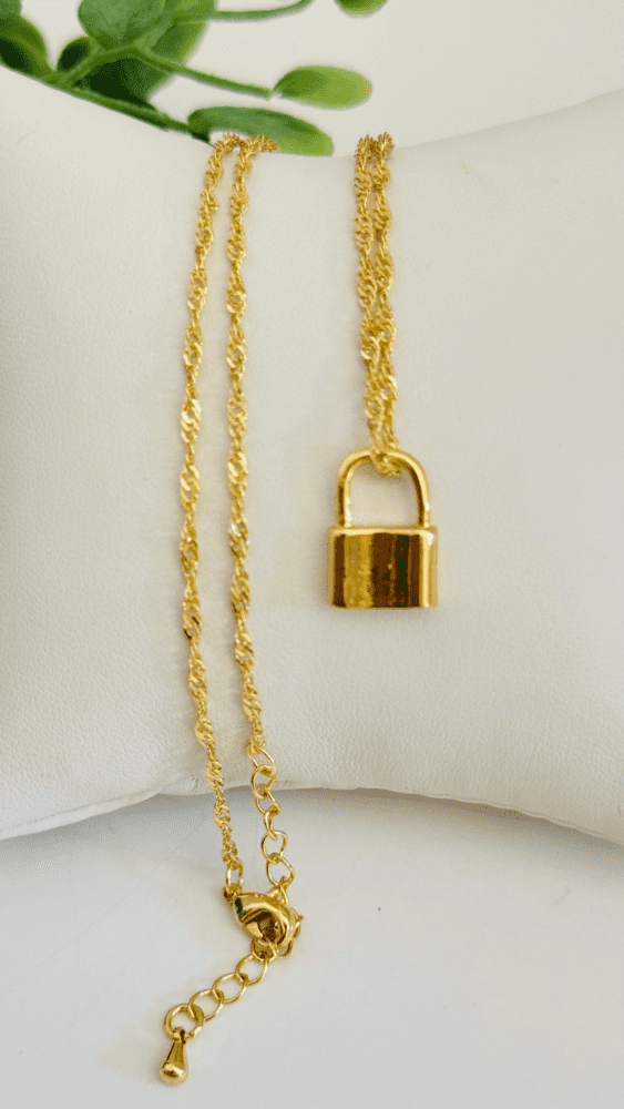Lock Pendant with Gold Chain Necklace - Heart and Stone Jewelry